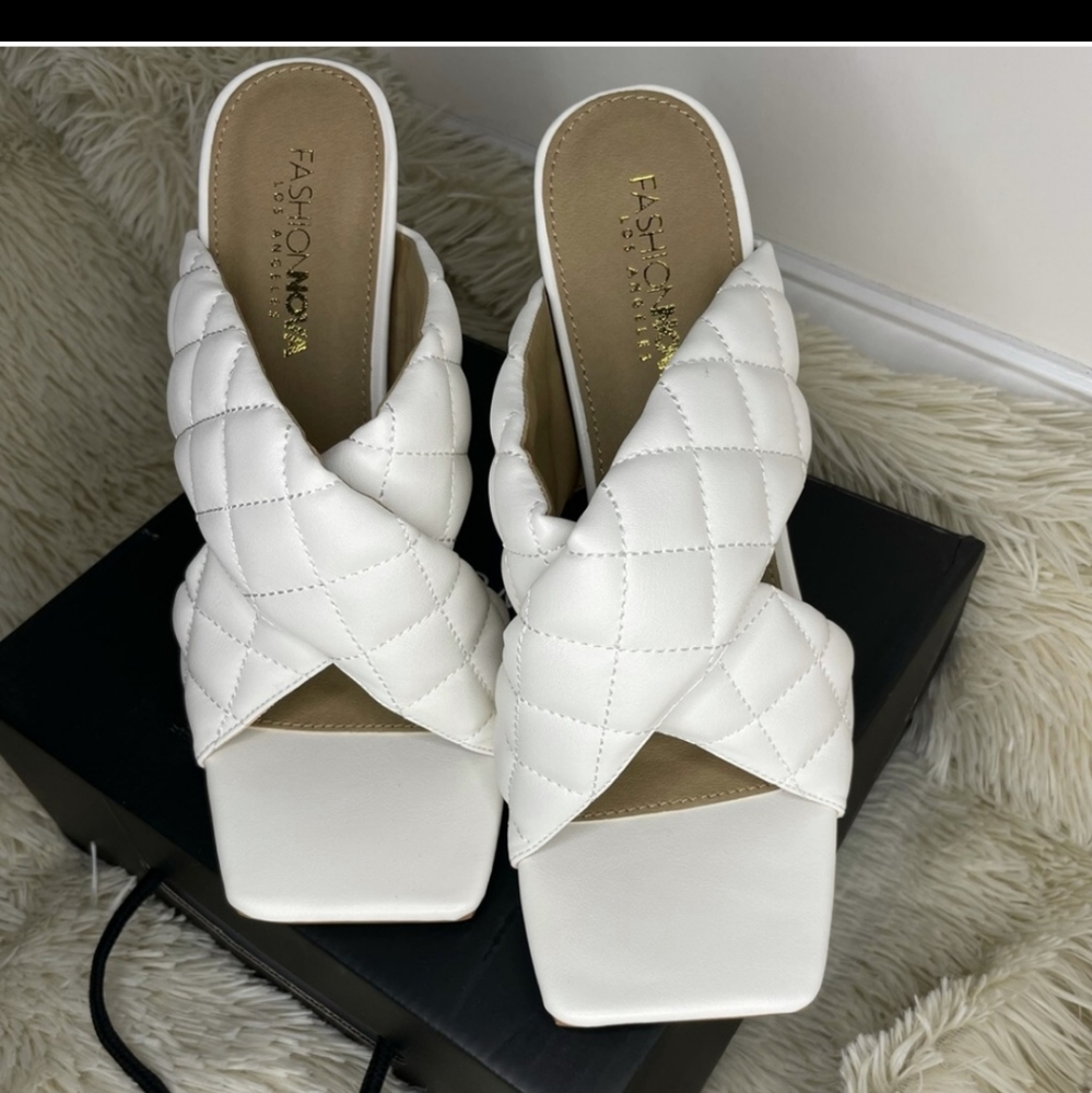 White quilted mules